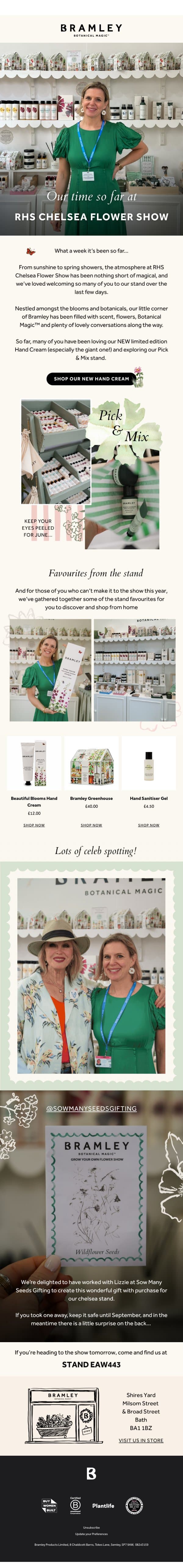 RHS Chelsea Flower Show so far… 🌸 email from Bramley screenshot