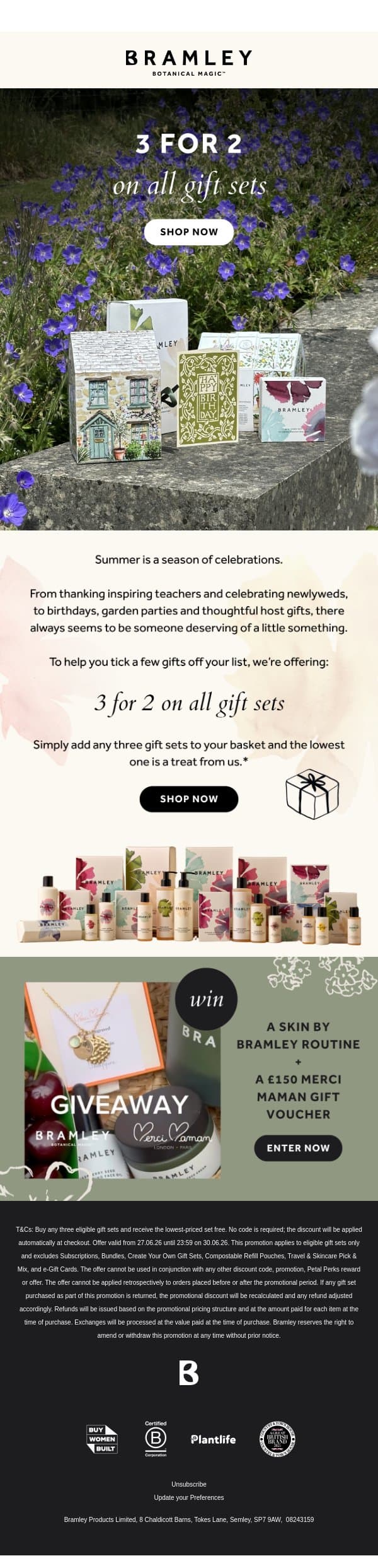 3 for 2 on all gift sets 🎁 email from Bramley screenshot