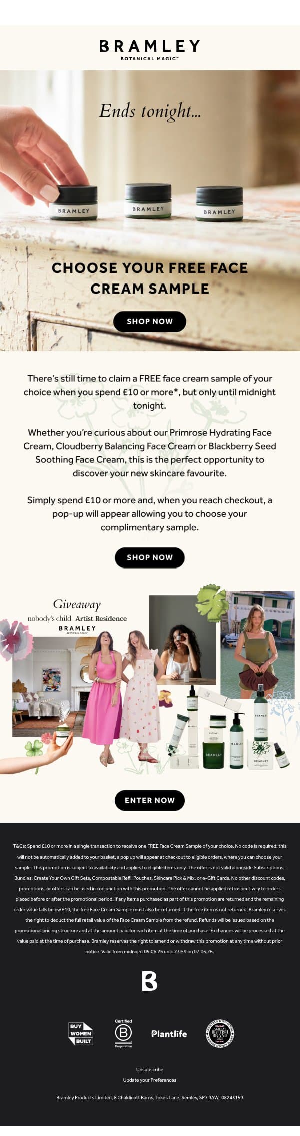 Last chance to claim your FREE face cream sample 🌿 email from Bramley screenshot