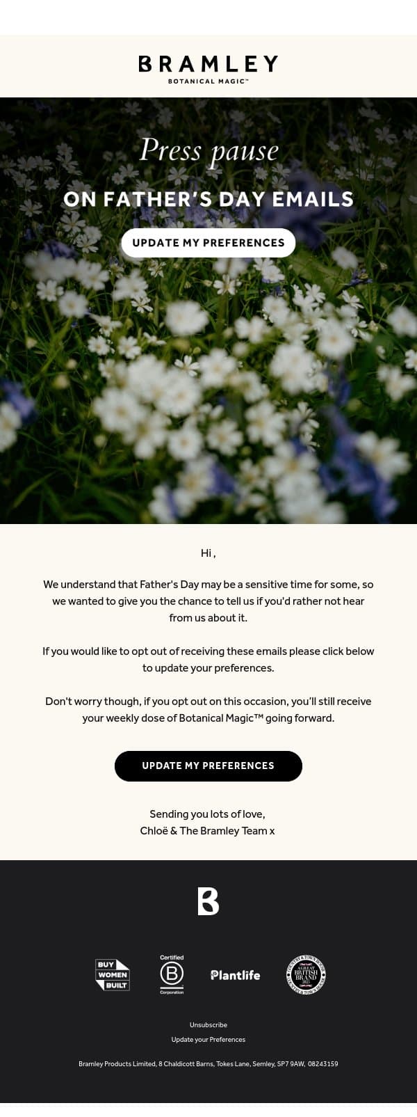 Prefer not to hear about Father's Day? email from Bramley screenshot