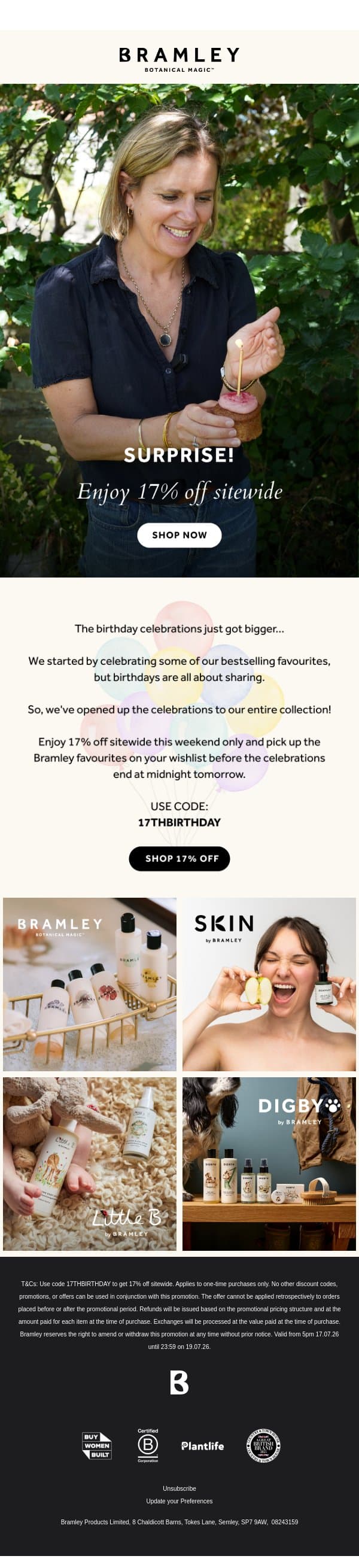 The birthday celebrations just got bigger... email from Bramley screenshot