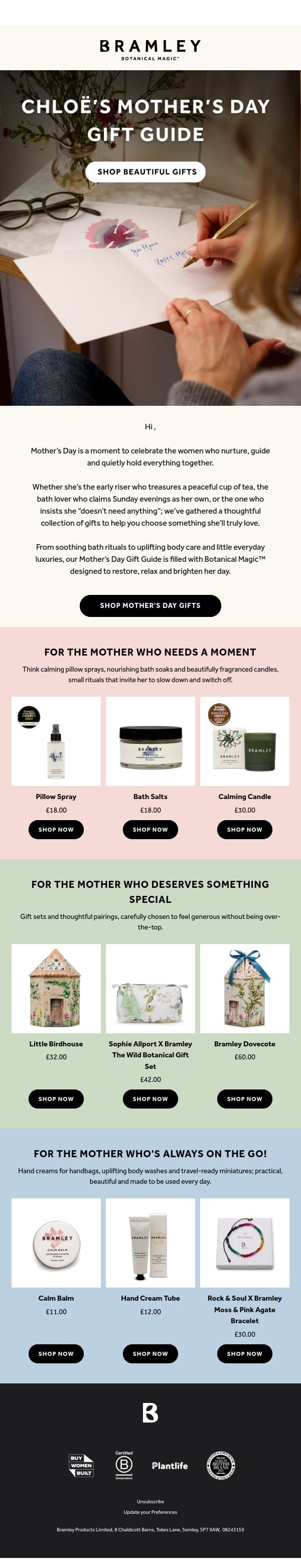Our Mother’s Day Gift Guide is Here 💐 email from Bramley screenshot