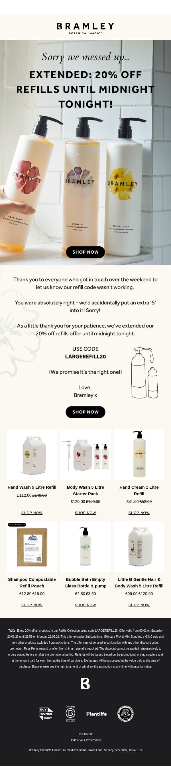 Oops, we're sorry the code was wrong! 🙈 email from Bramley screenshot