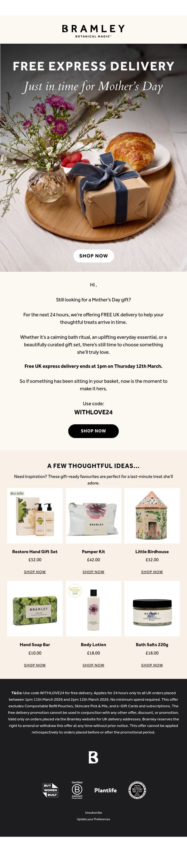 Final call for Mother’s Day gifts 💐 email from Bramley screenshot
