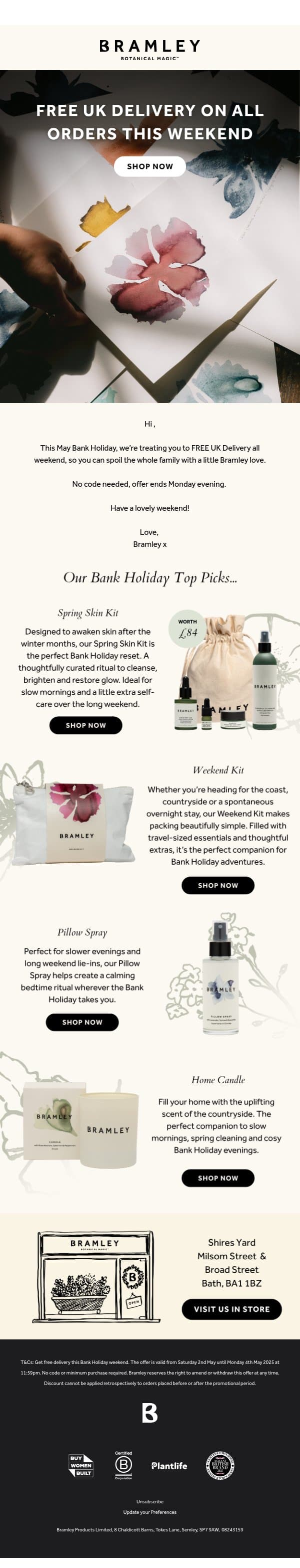 Here's FREE delivery on us 📮 email from Bramley screenshot