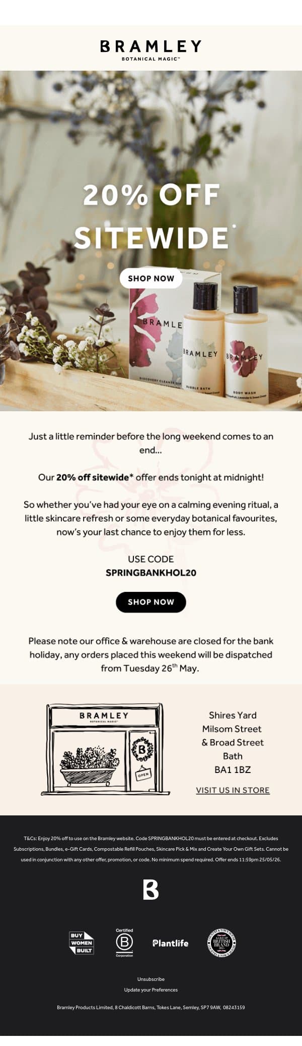 Last chance for 20% off sitewide*⏰ email from Bramley screenshot