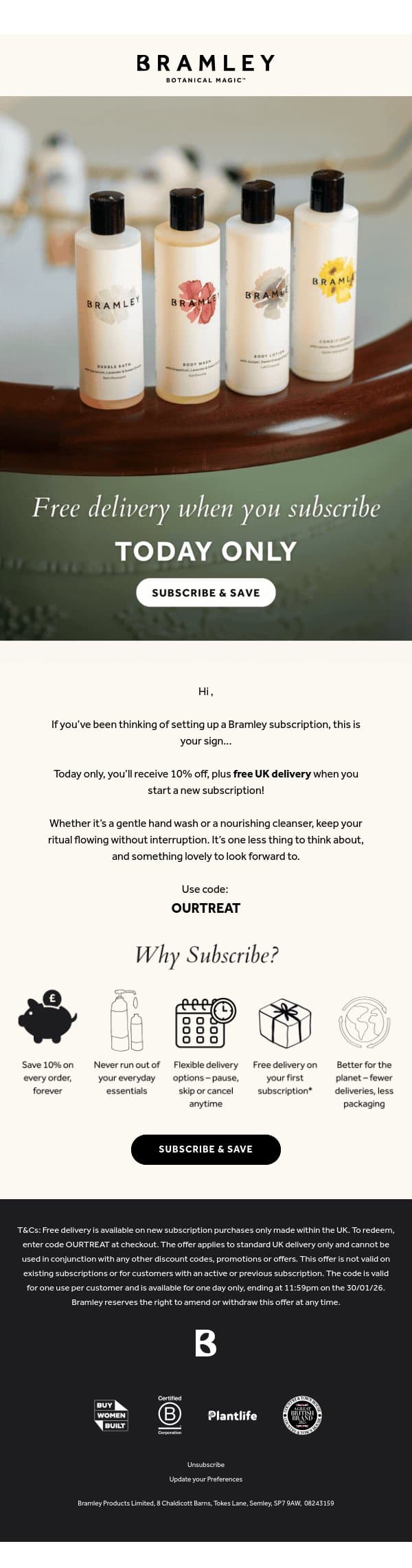 One day only: Free delivery and 10% off new subscriptions 📦 email from Bramley screenshot