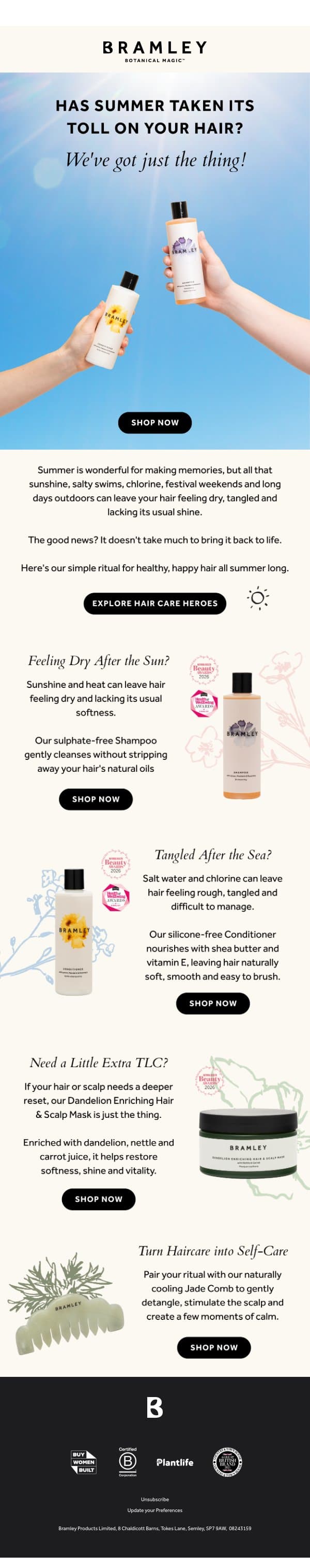 Is your hair in need of a little TLC? email from Bramley screenshot