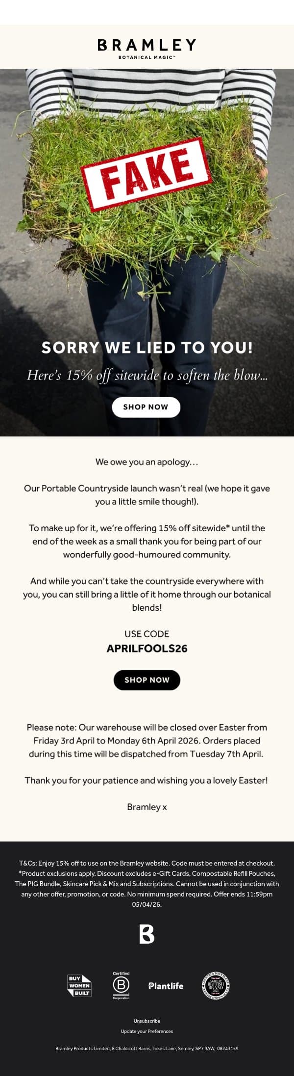 We lied to you... email from Bramley screenshot