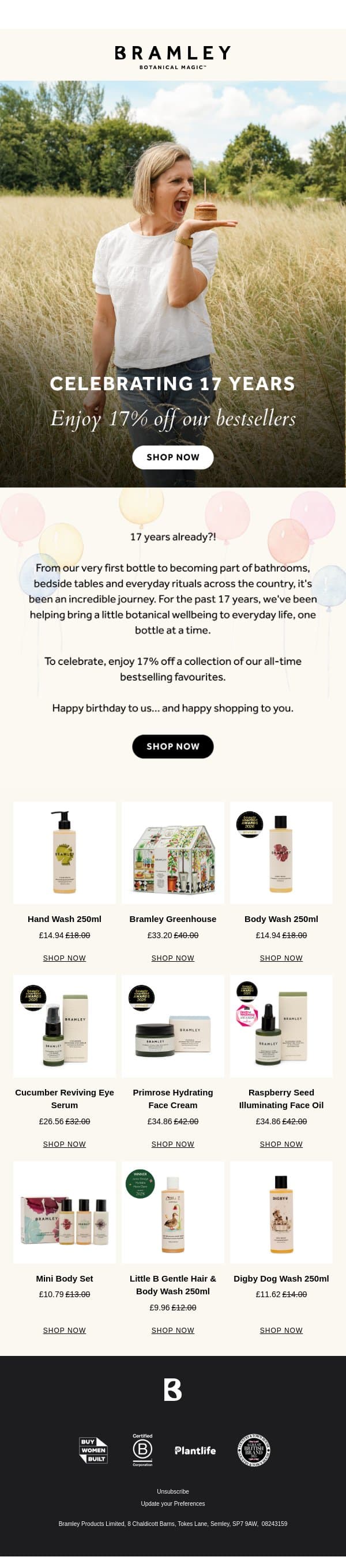 Celebrating 17 years with 17% off 🎂 email from Bramley screenshot