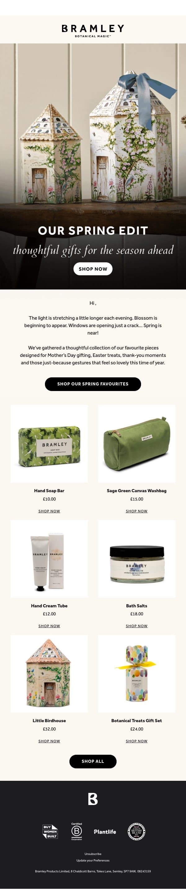 Our Spring Edit is here 🌸 email from Bramley screenshot