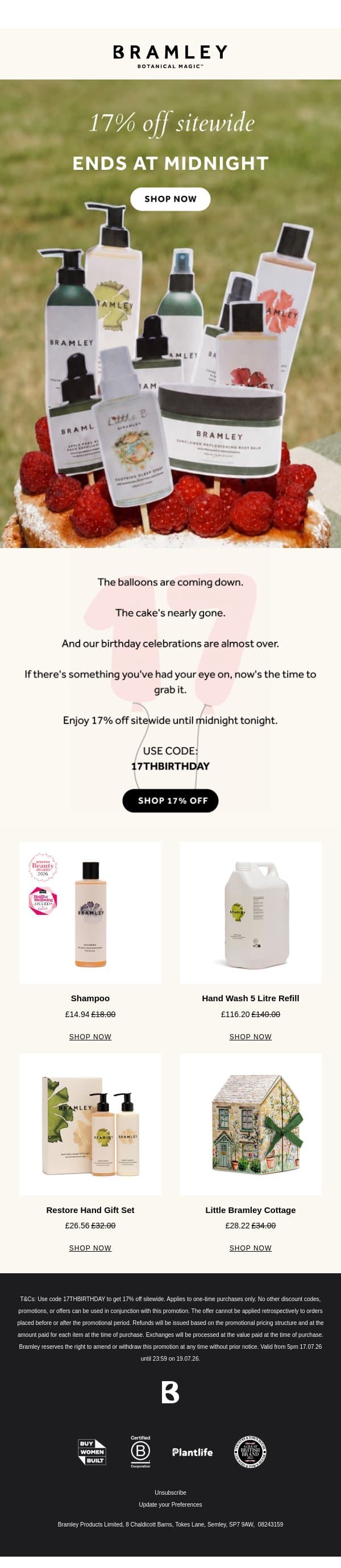 Last chance to celebrate with us! email from Bramley screenshot