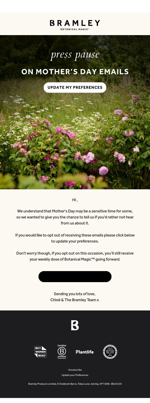 Prefer not to hear about Mother's Day? email from Bramley screenshot