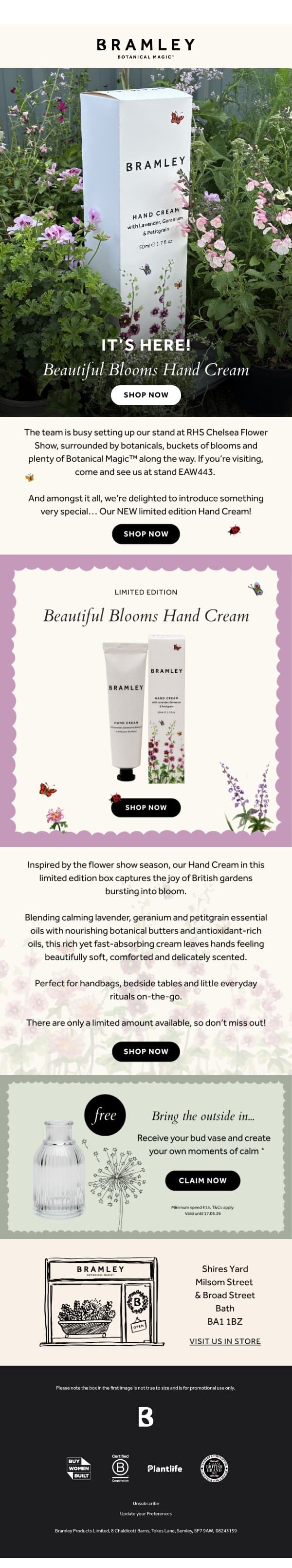 NEW: Beautiful Blooms Hand Cream 🌸 email from Bramley screenshot