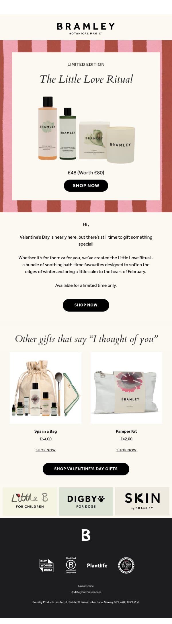 Looking for a last-minute gift for your Valentine? email from Bramley screenshot