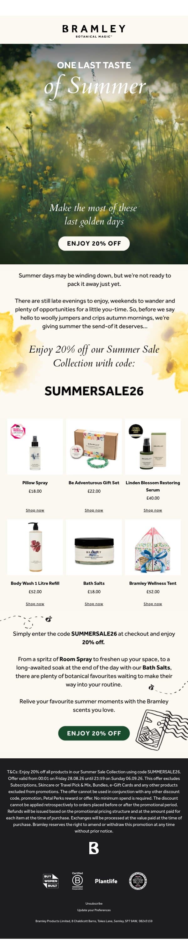 Embrace the Last Days of Summer: 20% Off 🌅 email from Bramley screenshot