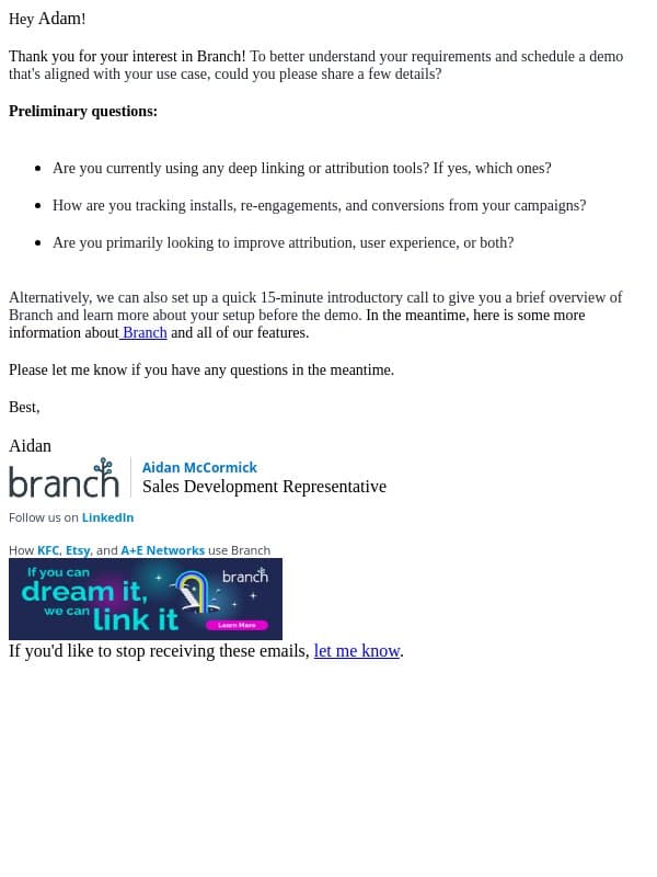 Branch Demo Request! email from Branch screenshot
