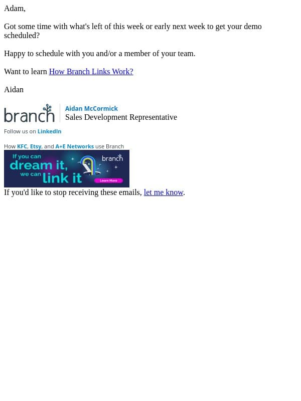 Quick follow-up on your Branch demo email from Branch screenshot