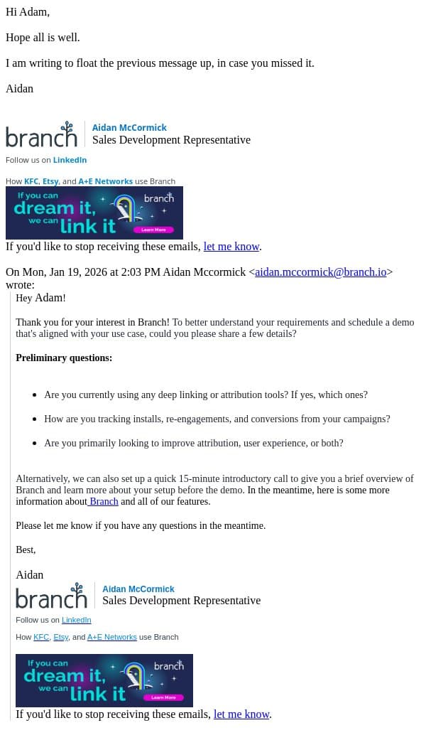 Re: Branch Demo Request! email from Branch screenshot