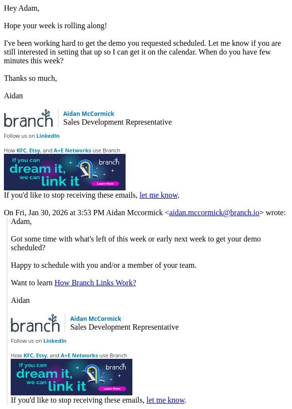 Re: Quick follow-up on your Branch demo email from Branch screenshot