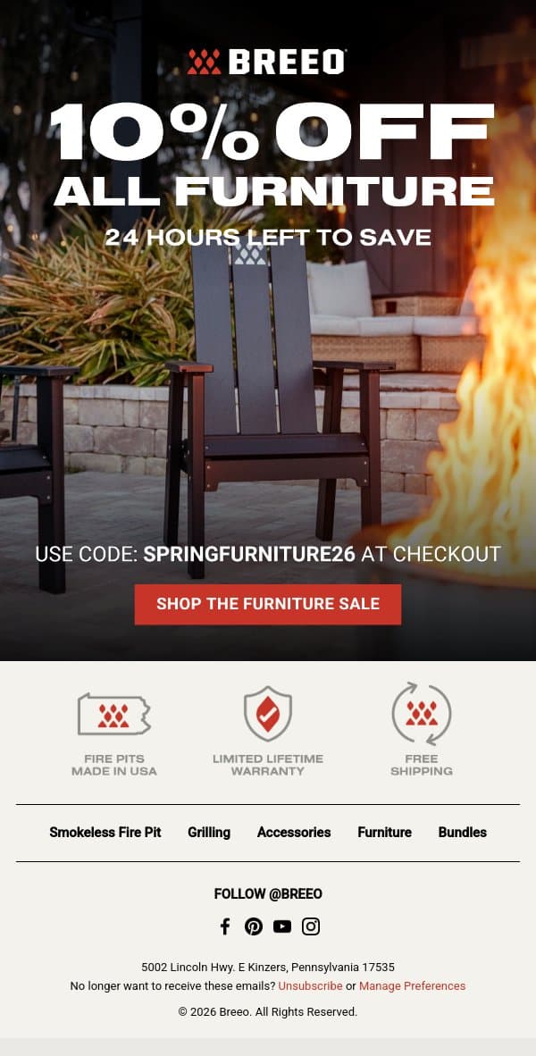 FINAL HOURS: 10% Off Furniture ⏳ email from Breeo screenshot