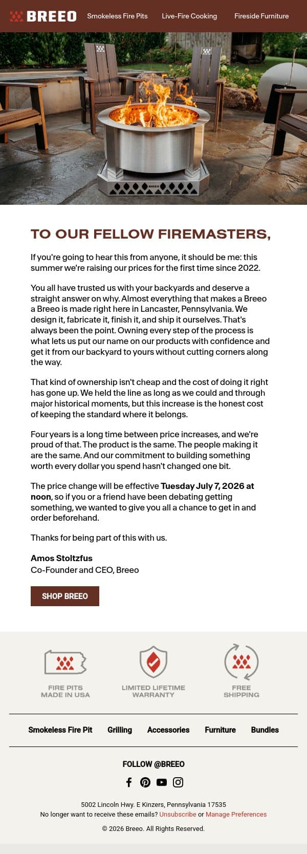 Breeo Prices Are Increasing in July email from Breeo screenshot