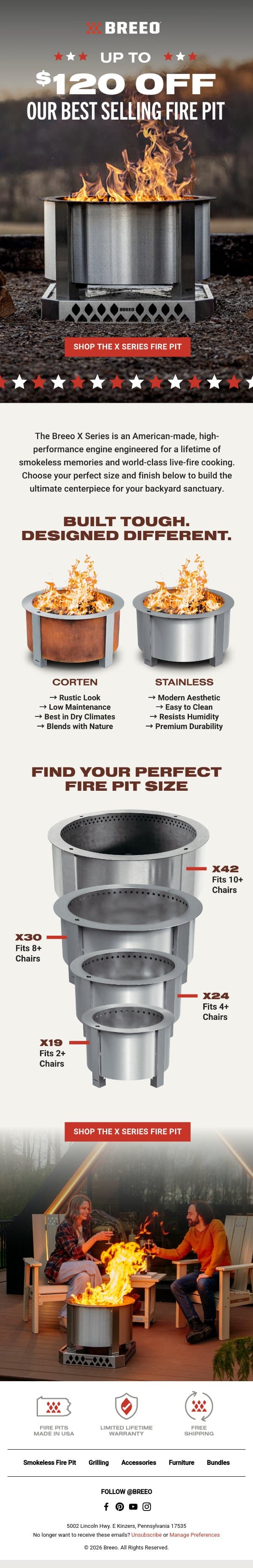 Our Most Popular Fire pit, 15% Off. email from Breeo screenshot