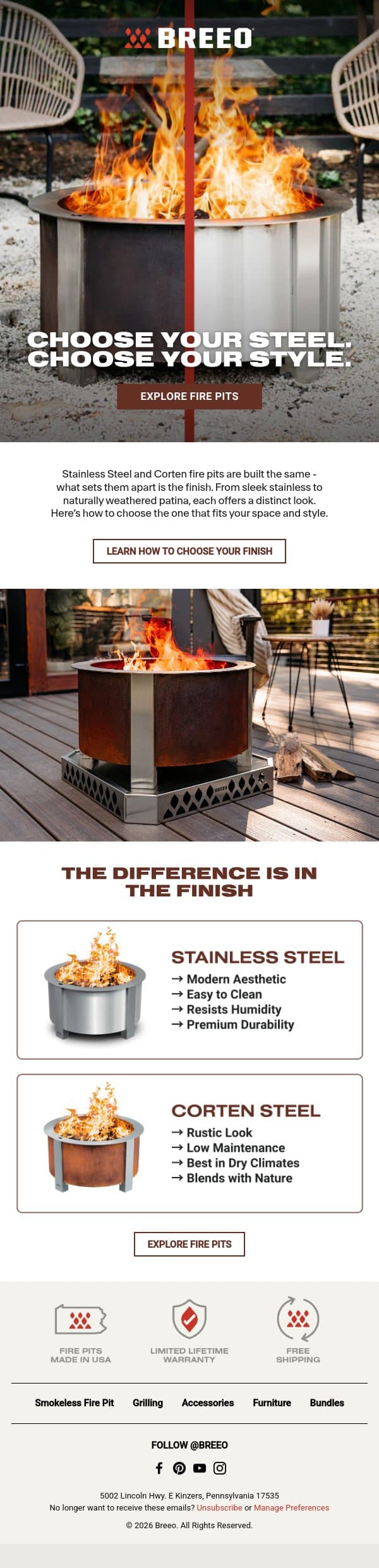 Stainless or Corten? Choose the Finish That Fits email from Breeo screenshot