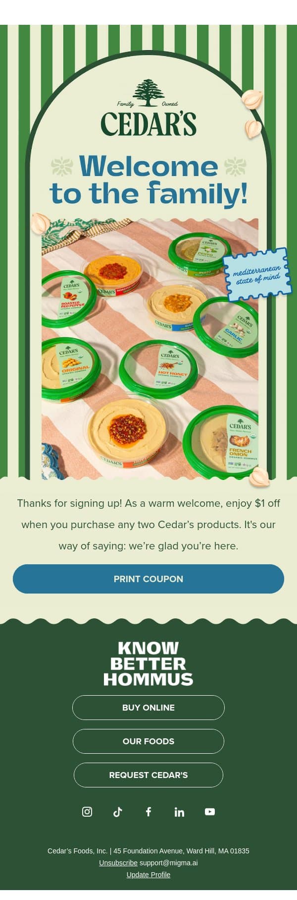 👋 Greetings from Cedar's and a coupon! email from Brekki screenshot