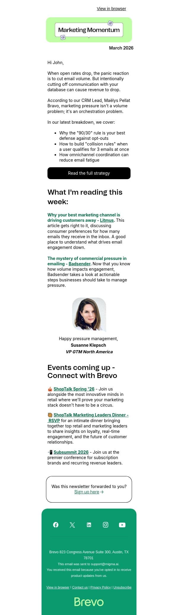 The “marketing pressure trap” (and how to escape it) email from Brevo screenshot