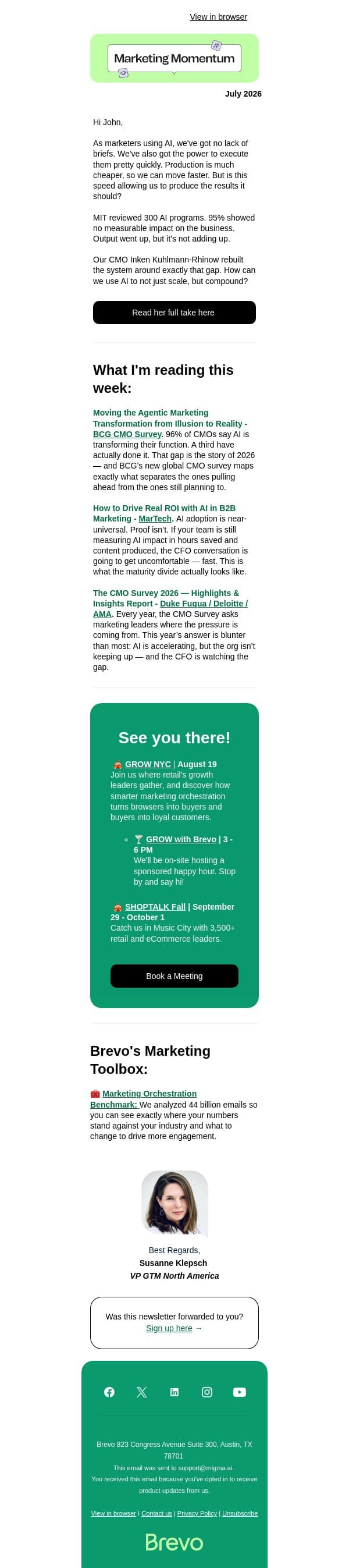 AI is scaling your work. But is it scaling your results? email from Brevo screenshot