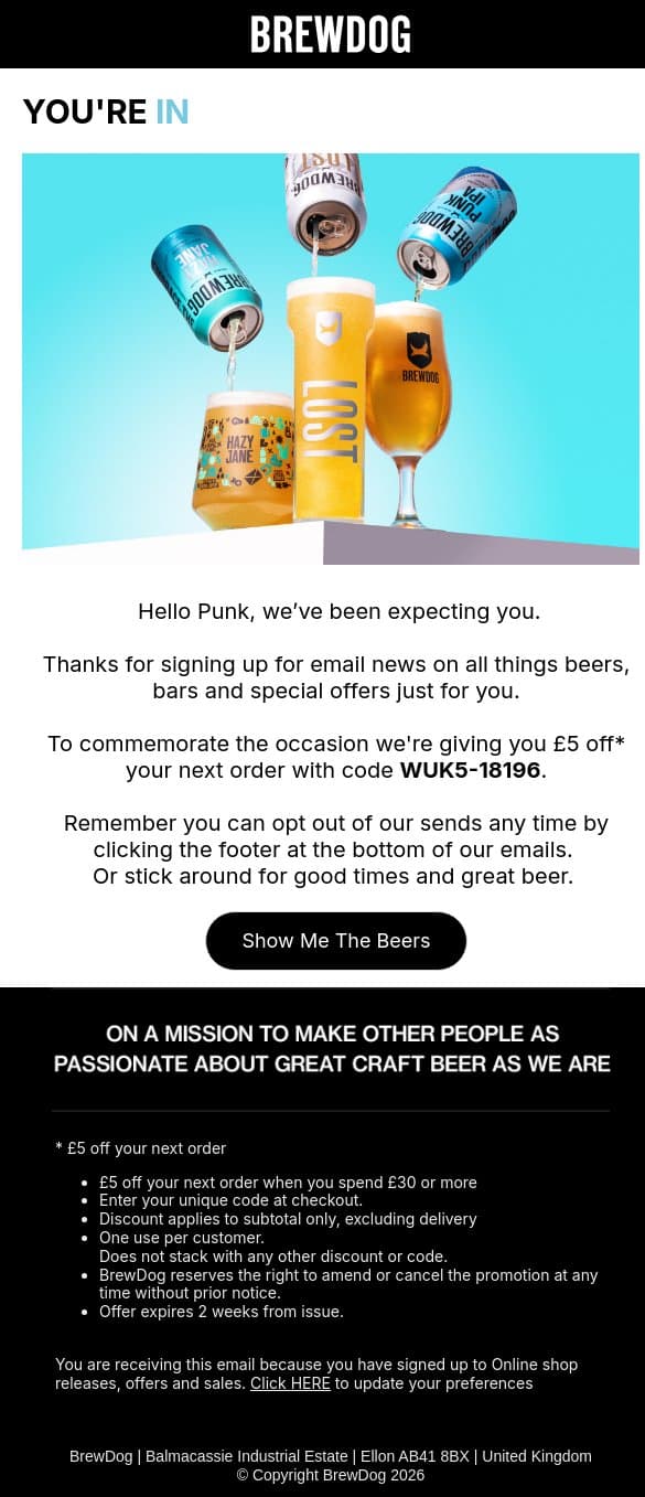 Welcome to BrewDog email from BrewDog screenshot