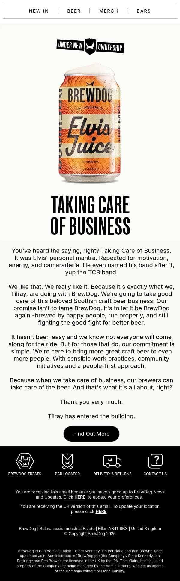Taking Care of Business email from BrewDog screenshot