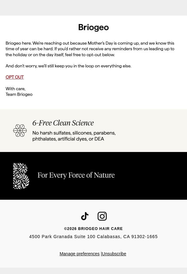 Don't want Mother's Day emails in your inbox? email from Briogeo screenshot