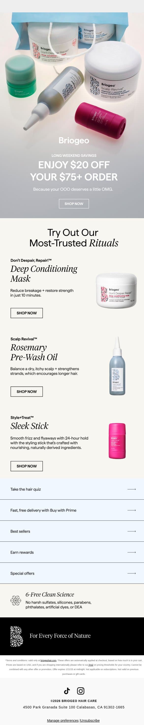 Save on high-performance haircare email from Briogeo screenshot