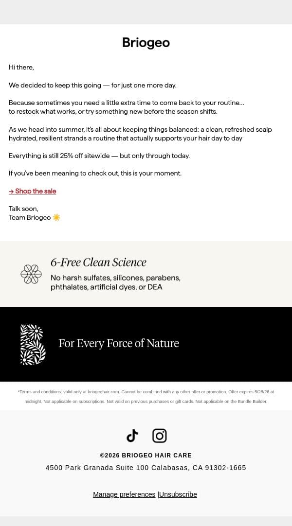 wait, one more day 👀 email from Briogeo screenshot