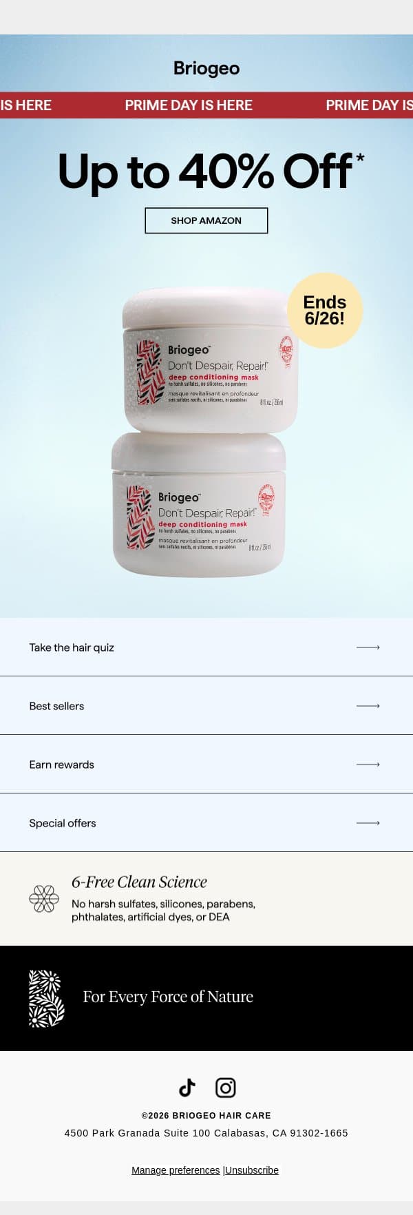 Prime Day is live ⭐ up to 40% off email from Briogeo screenshot