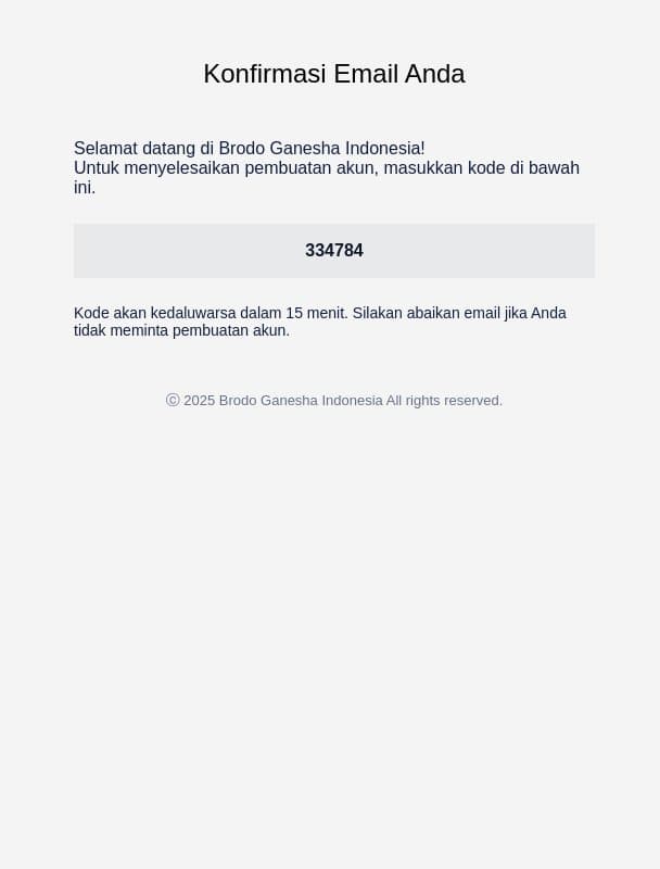 Brodo Ganesha Indonesia: Kode verifikasi email from Brodo screenshot