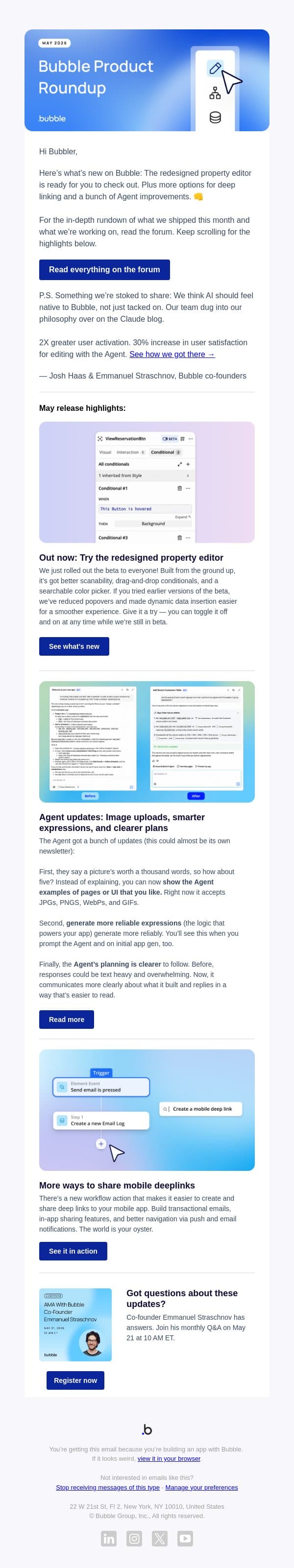 Bubble Product Newsletter: May ‘26 email from Bubble screenshot