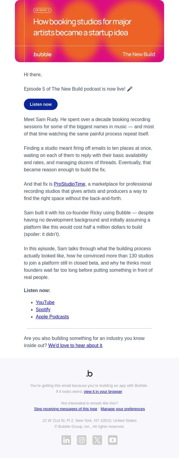 Episode 5: Sam Rudy on leaving the music industry to fix it 🎤 email from Bubble screenshot