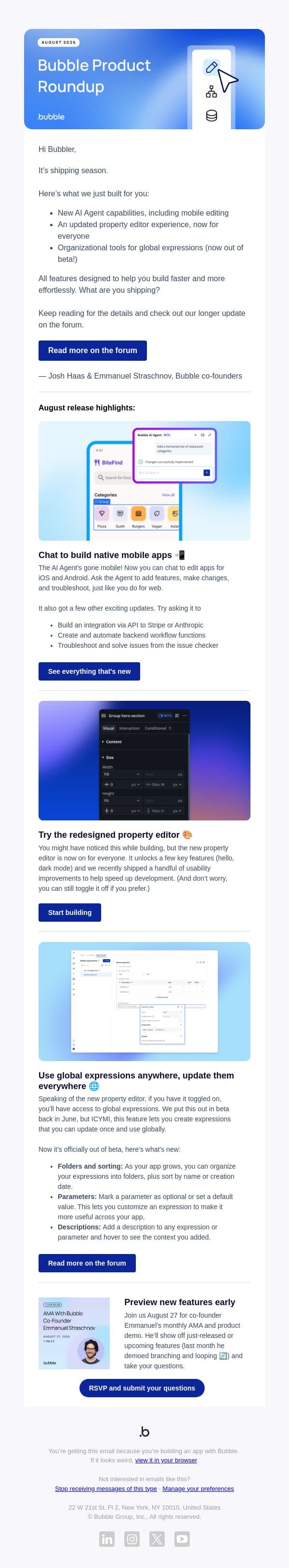 Bubble Product Newsletter: August ‘26 email from Bubble screenshot