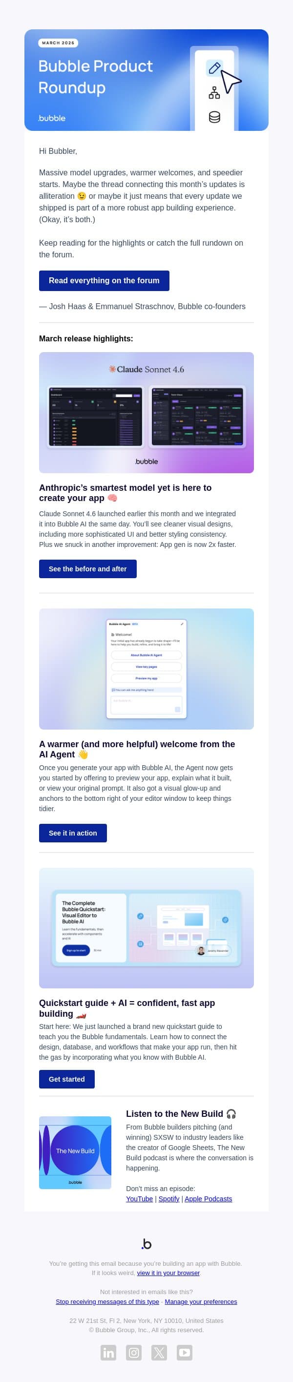 Bubble Product Newsletter: March ‘26 email from Bubble screenshot