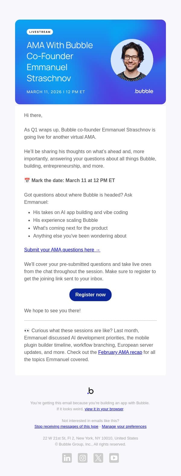 🎤 March AMA is next week — register and submit your questions now email from Bubble screenshot