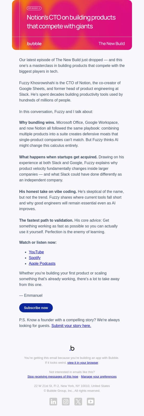 New podcast: Notion's CTO on building products that compete with giants email from Bubble screenshot