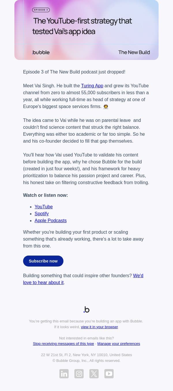 Episode 3: How Vai built 55K YouTube subs to drive app growth email from Bubble screenshot