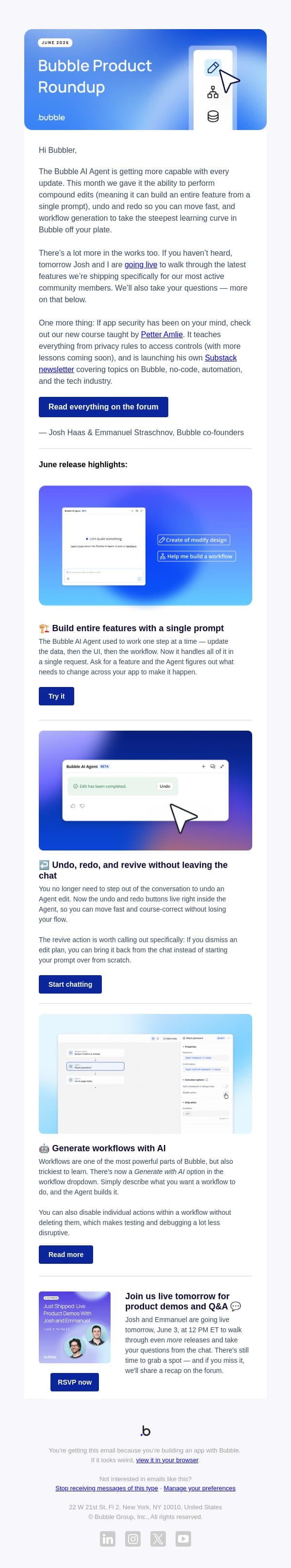 Bubble Product Newsletter: June ‘26 email from Bubble screenshot