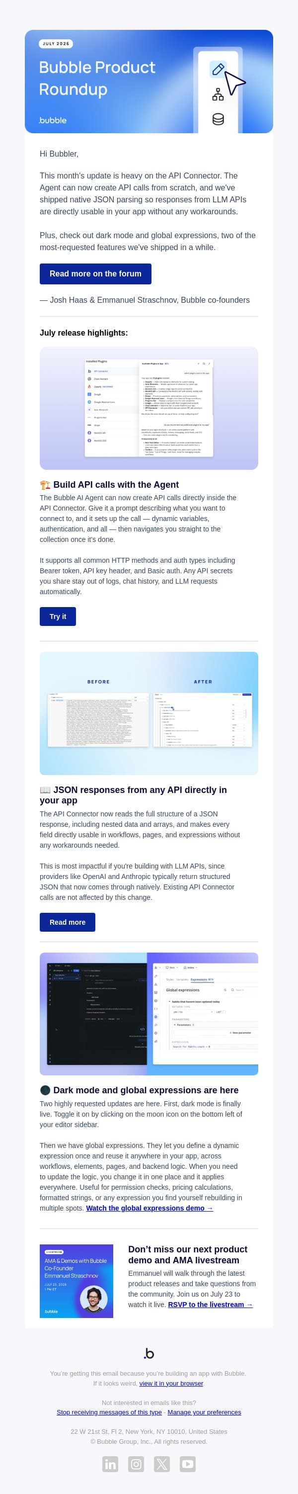 Bubble Product Newsletter: July ‘26 email from Bubble screenshot