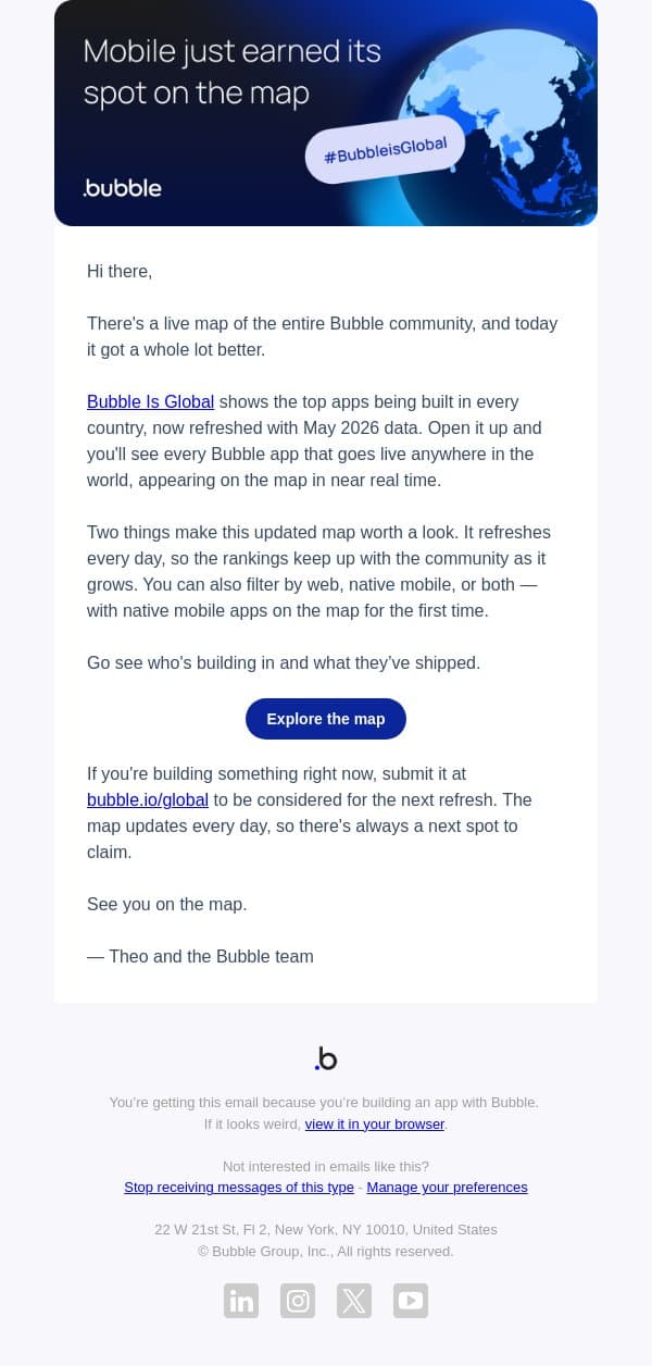 Your app could be on tomorrow's map email from Bubble screenshot