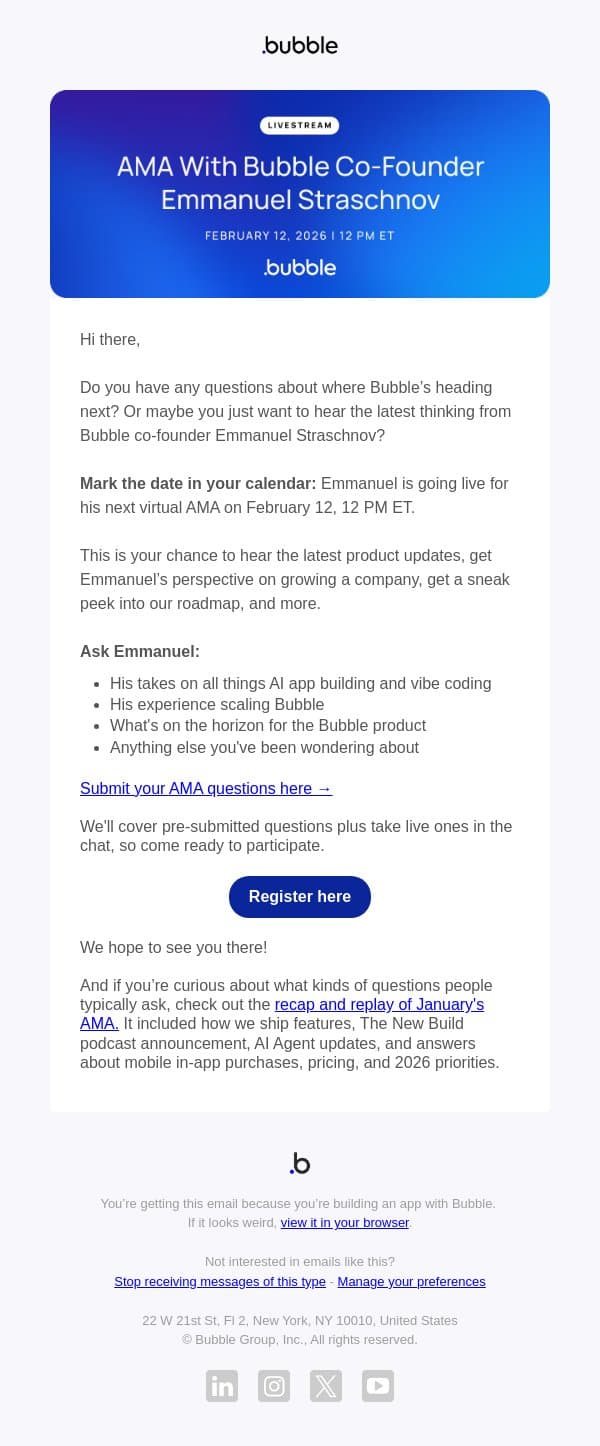 You're invited: Join Emmanuel's AMA on February 12 email from Bubble screenshot