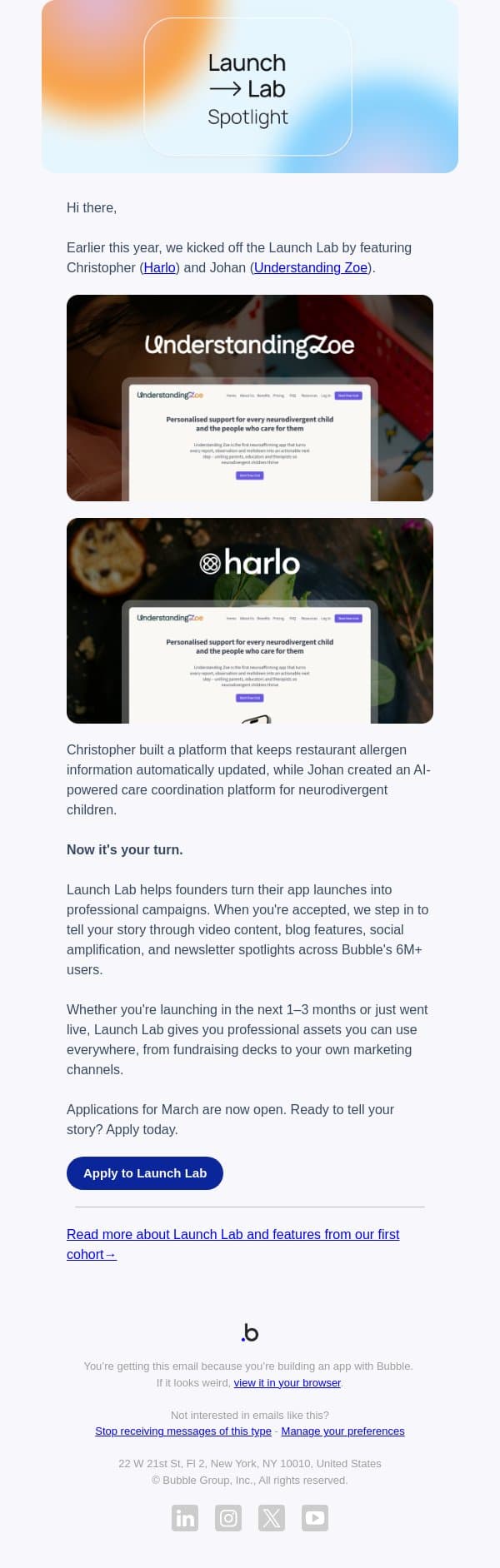 Launch Lab: Get professional launch support for your app's story email from Bubble screenshot